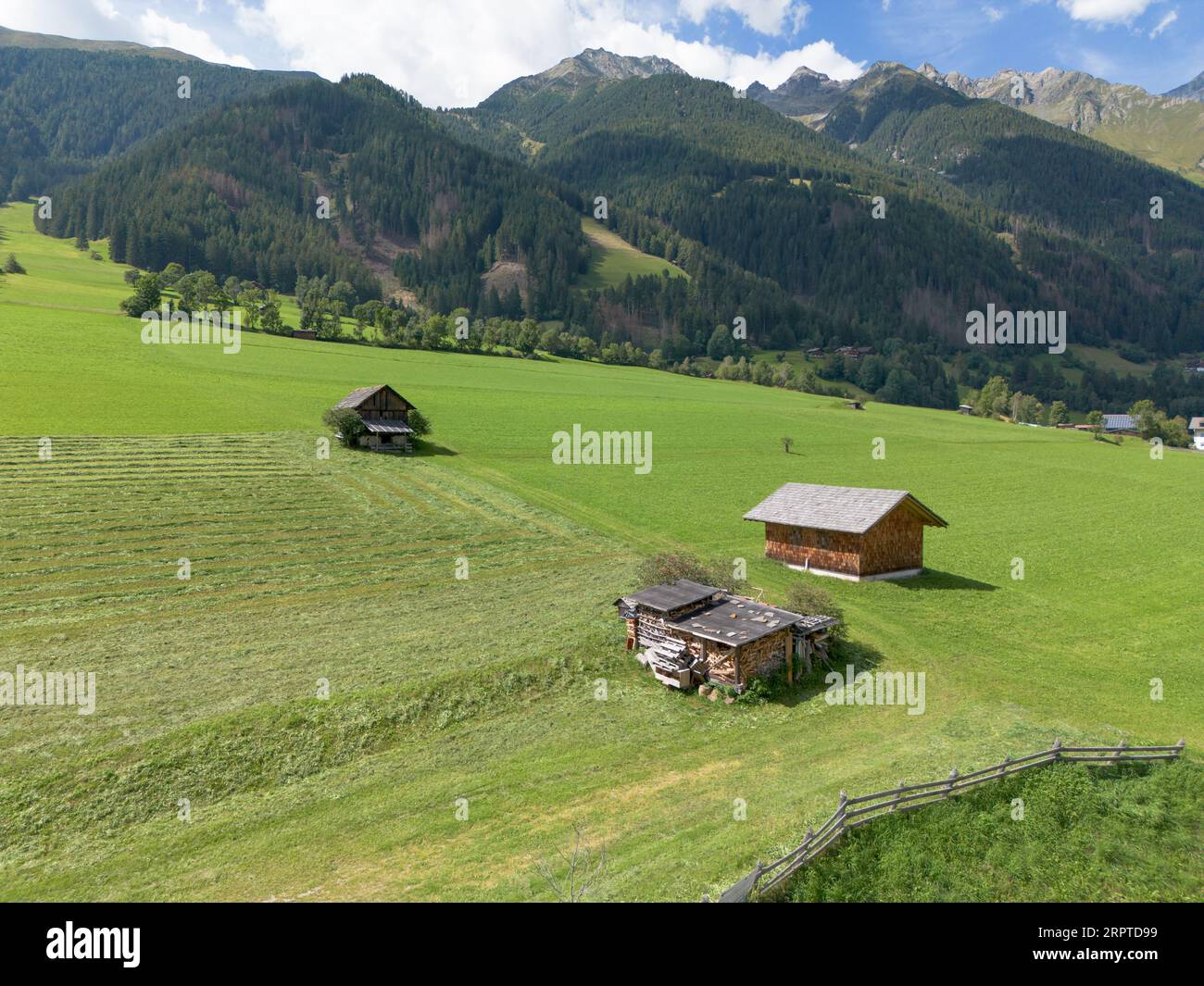 Verde paesaggio pastorale con capannone di tronchi nella regione rurale di montagna dell'alto Adige Foto Stock