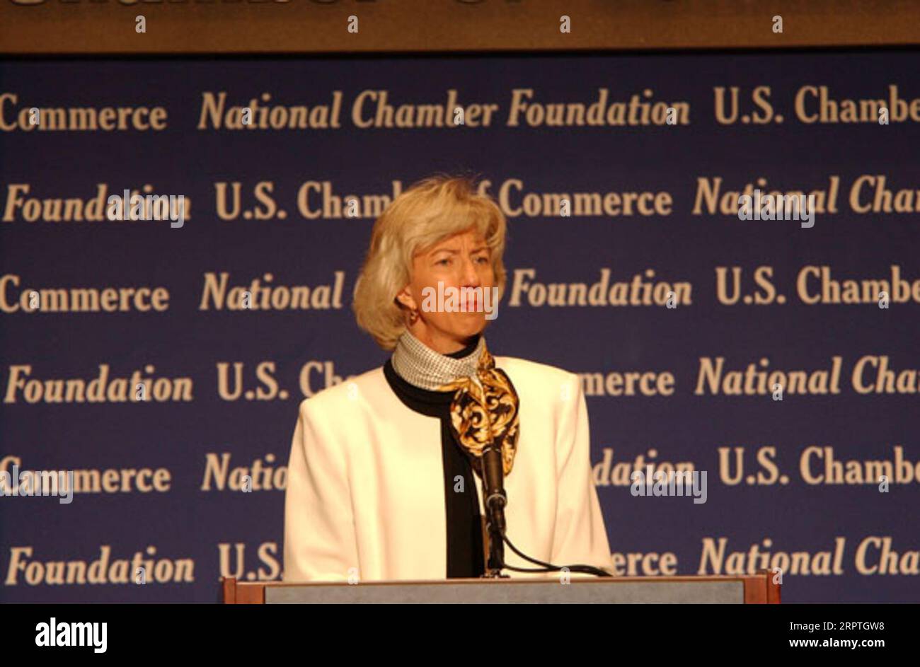 Il segretario Gale Norton interviene in un forum sulle questioni del gas naturale e sul loro impatto sull'economia, ospitato dalla camera di commercio degli Stati Uniti a Washington D.C. il forum, Uno sguardo critico al gas naturale, presentava prospettive del Dipartimento degli interni, del Congresso, del settore aziendale dell'energia, e la più grande comunità imprenditoriale Foto Stock