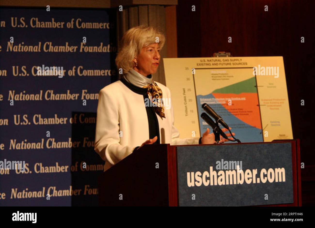 Il segretario Gale Norton interviene in un forum sulle questioni del gas naturale e sul loro impatto sull'economia, ospitato dalla camera di commercio degli Stati Uniti a Washington D.C. il forum, Uno sguardo critico al gas naturale, presentava prospettive del Dipartimento degli interni, del Congresso, del settore aziendale dell'energia, e la più grande comunità imprenditoriale Foto Stock