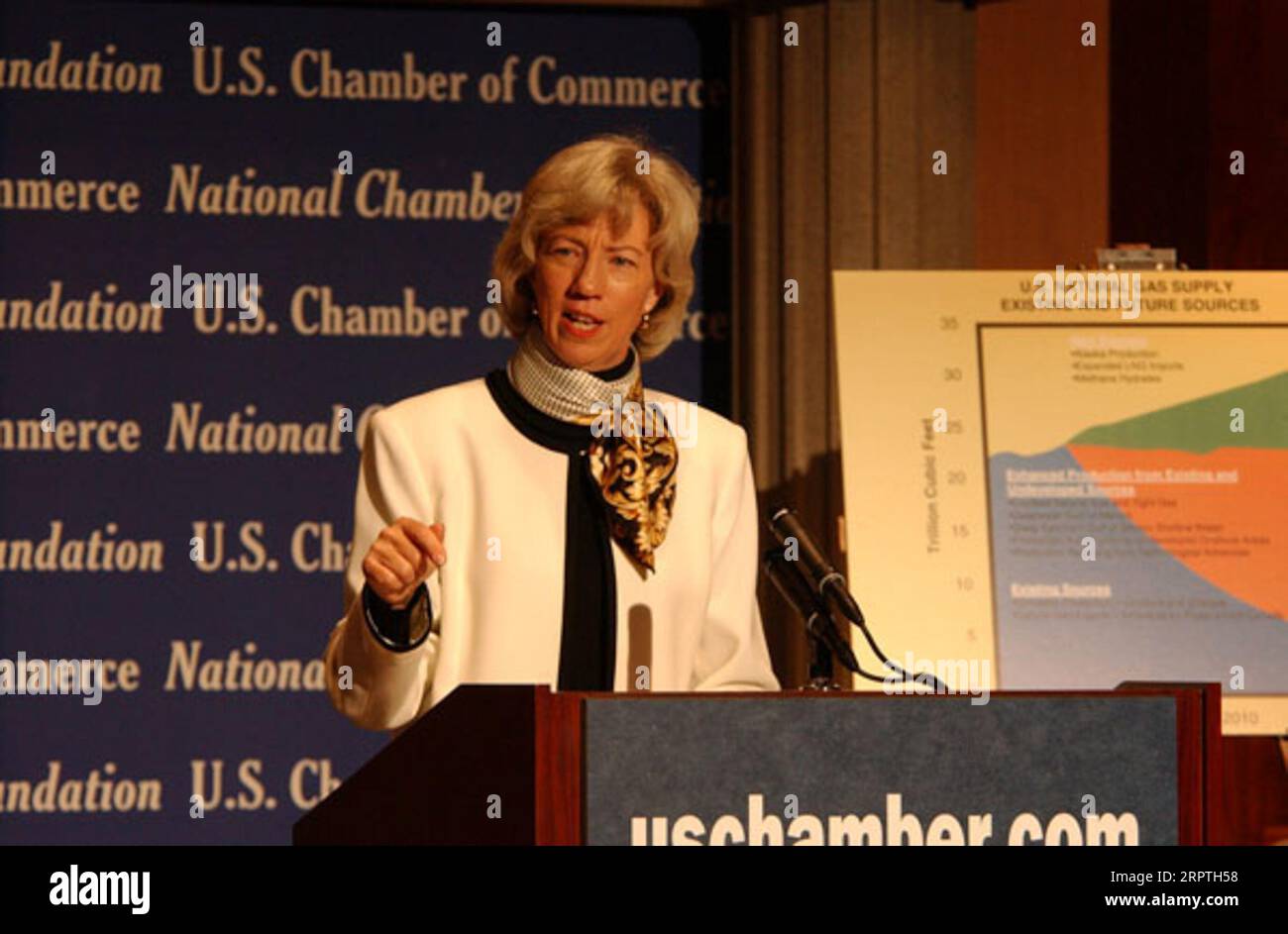 Il segretario Gale Norton interviene in un forum sulle questioni del gas naturale e sul loro impatto sull'economia, ospitato dalla camera di commercio degli Stati Uniti a Washington D.C. il forum, Uno sguardo critico al gas naturale, presentava prospettive del Dipartimento degli interni, del Congresso, del settore aziendale dell'energia, e la più grande comunità imprenditoriale Foto Stock
