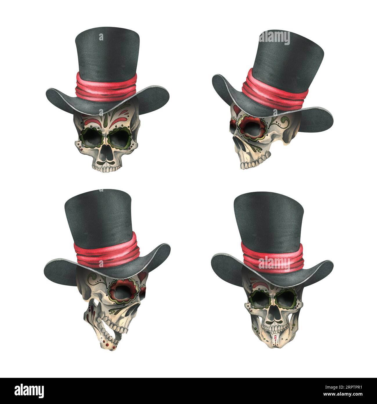 Teschi umani decorati con un cappello nero con un nastro rosso. Illustrazione ad acquerello disegnata a mano per il giorno dei morti, halloween, dia de los muertos Foto Stock