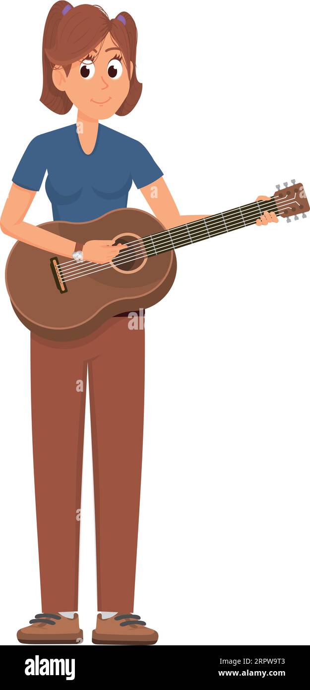 Chitarrista. Musicista donna dei cartoni animati. Donna con strumenti musicali Illustrazione Vettoriale