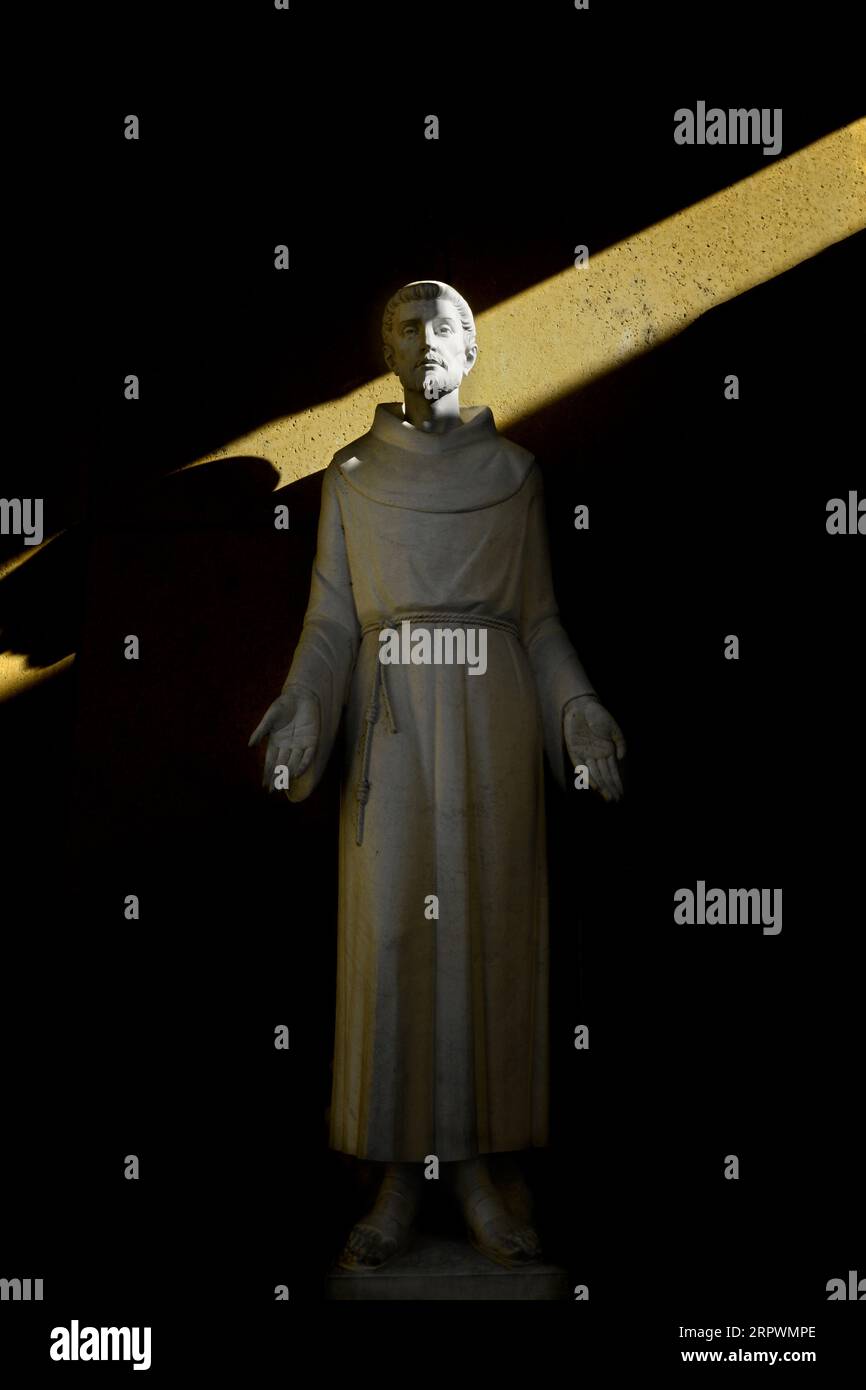 Una statua di St. Francesco d'Assisi, colorato e arricchito digitalmente, presso la Basilica di San Francesco d'Assisi a Santa Fe, New Mexico. Foto Stock