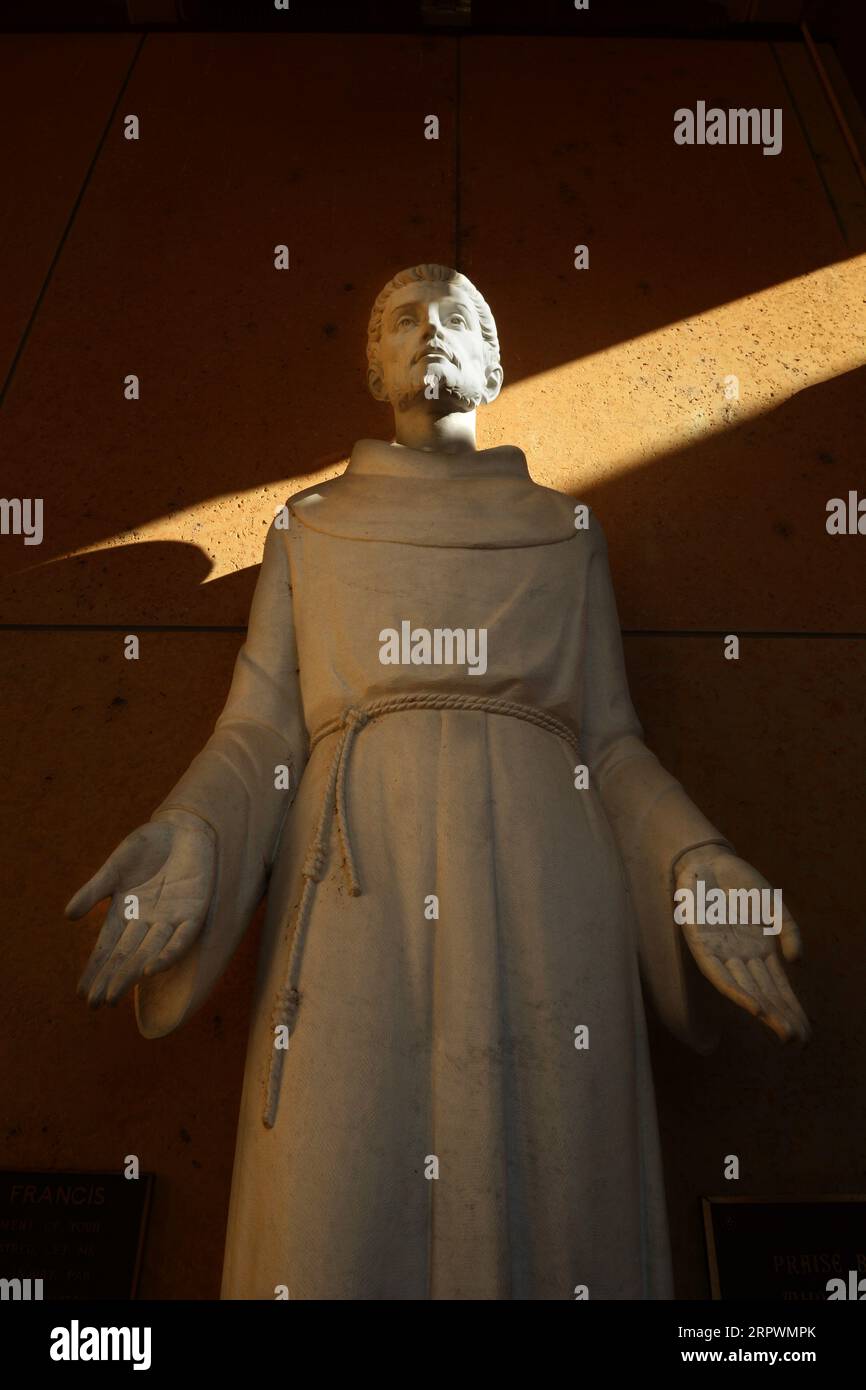 Una statua di St. Francesco d'Assisi, colorato e arricchito digitalmente, presso la Basilica di San Francesco d'Assisi a Santa Fe, New Mexico. Foto Stock