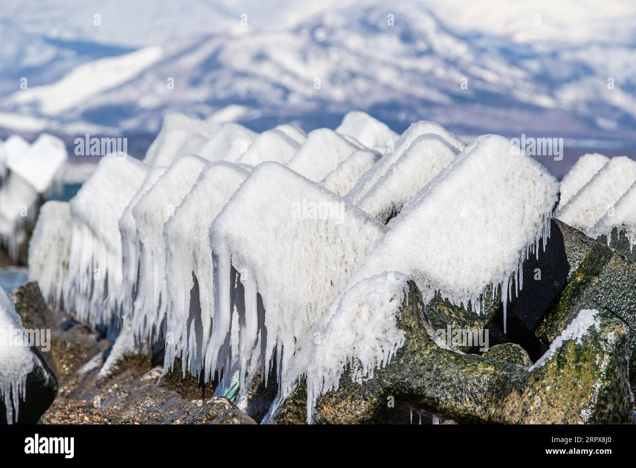 Blocchi di cemento ricoperti di ghiaccio mentre infrangono le onde sulla spiaggia giapponese in inverno. Isola di Hokkaido, Giappone Foto Stock