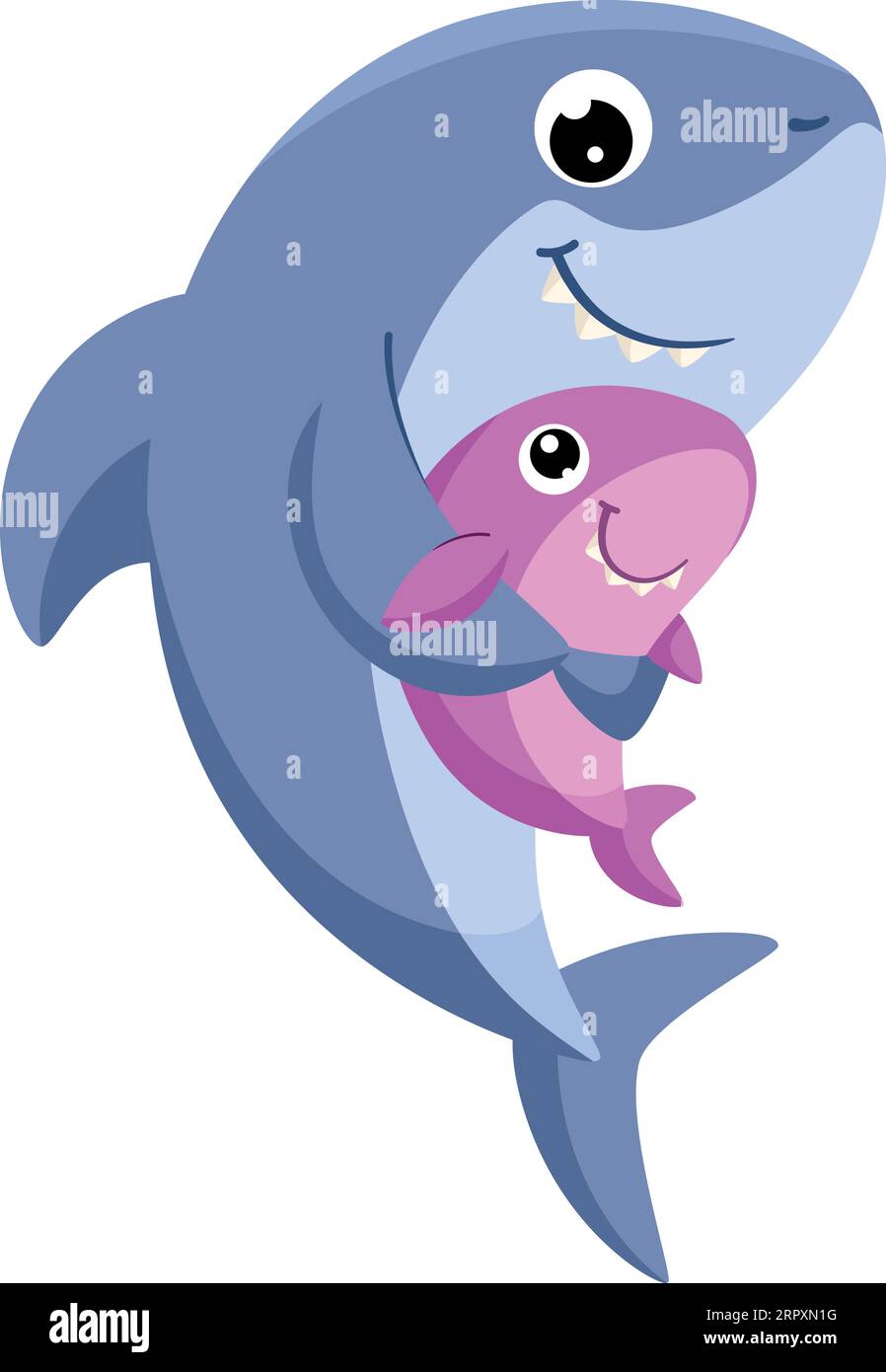 Simpatico squalo con un piccolo animale. Famiglia dei pesci dei cartoni animati Illustrazione Vettoriale