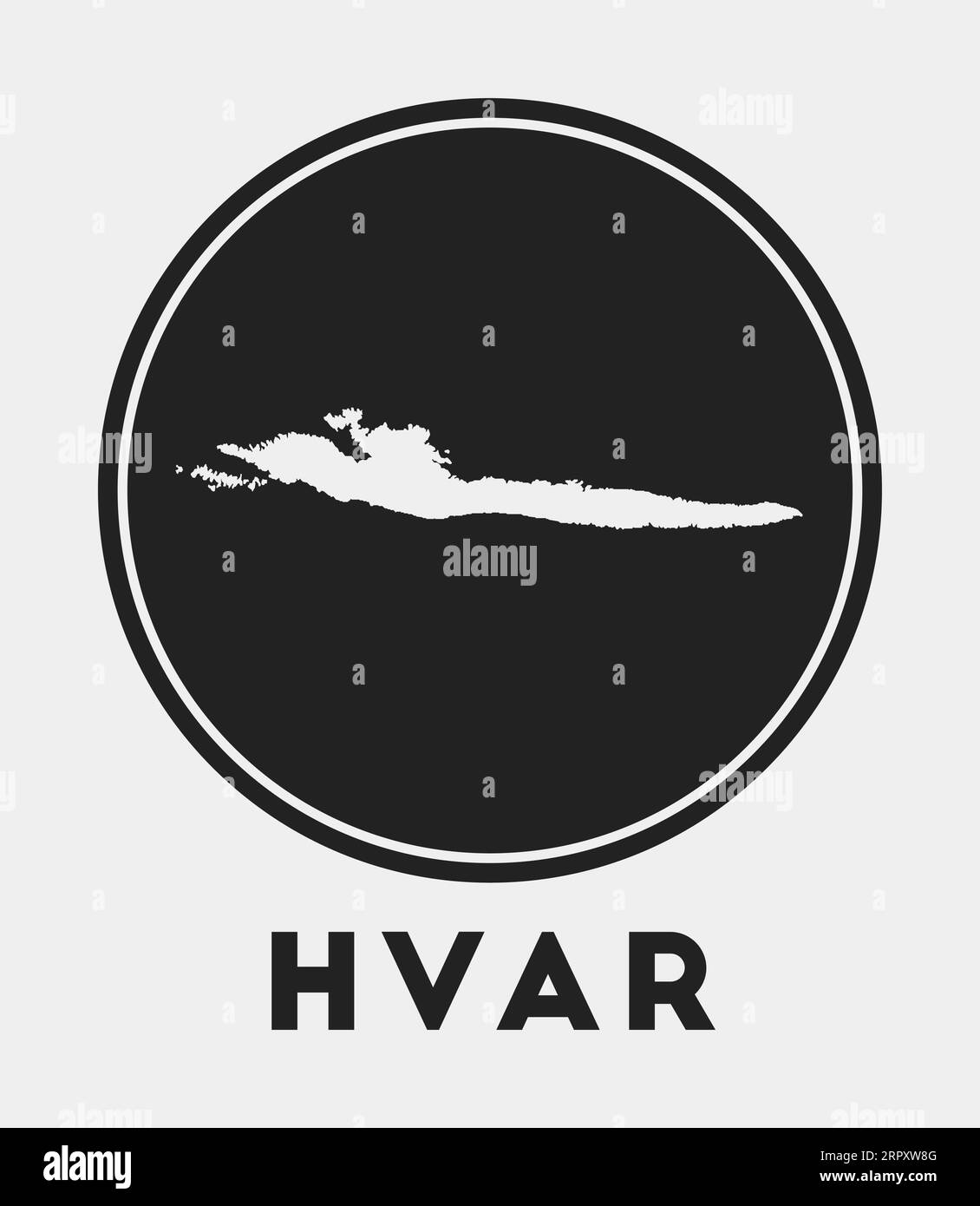 Icona Hvar. Logo rotondo con mappa dell'isola e titolo. Elegante badge Hvar con mappa. Illustrazione vettoriale. Illustrazione Vettoriale