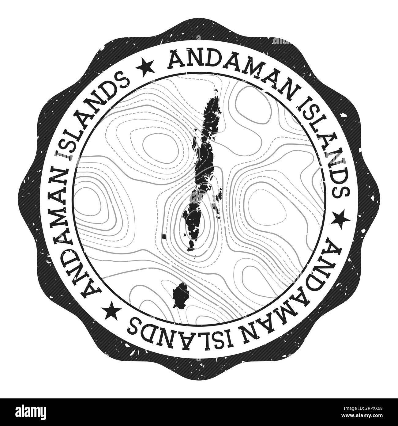 Francobollo all'aperto delle Isole Andamane. Adesivo rotondo con mappa dell'isola con isoline topografiche. Illustrazione vettoriale. Può essere utilizzato come insegna, logotipo, laboratorio Illustrazione Vettoriale