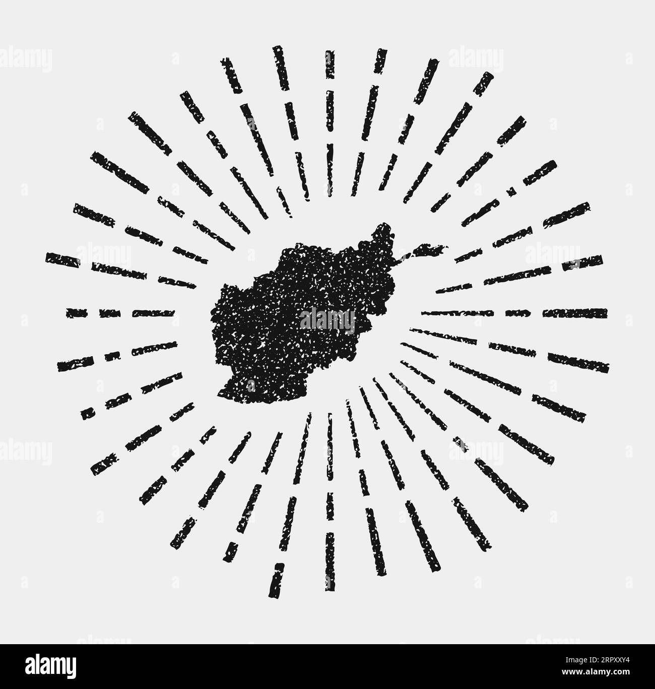 Mappa d'epoca dell'Afghanistan. Il grunge Sunburst in tutto il paese. Forma Afghanistan nera con raggi del sole su sfondo bianco. Illustrazione vettoriale. Illustrazione Vettoriale