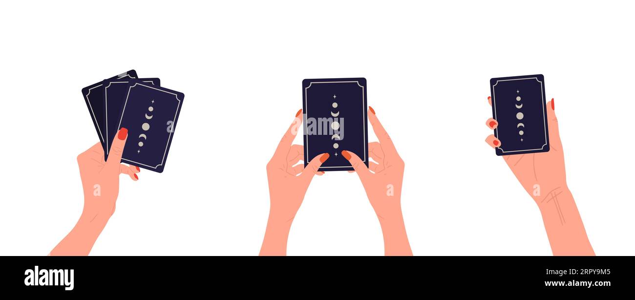 Mani che tengono le carte dei tarocchi con la luna boho. Indovina donna che predice il futuro. Magia ed esoterica. Serie di illustrazioni vettoriali in cartone animato piatto Illustrazione Vettoriale