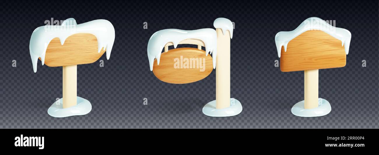 Tavoletta di legno ricoperta di neve e set vettoriale di cartoni animati icicle 3D. Illustrazione realistica di vari pannelli innevati vuoti e striscioni con tessuto in legno Illustrazione Vettoriale