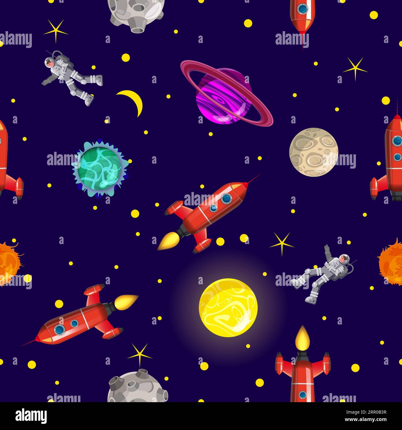 Pattern senza interruzioni di pianeti spaziali, razzi e stelle Illustrazione Vettoriale
