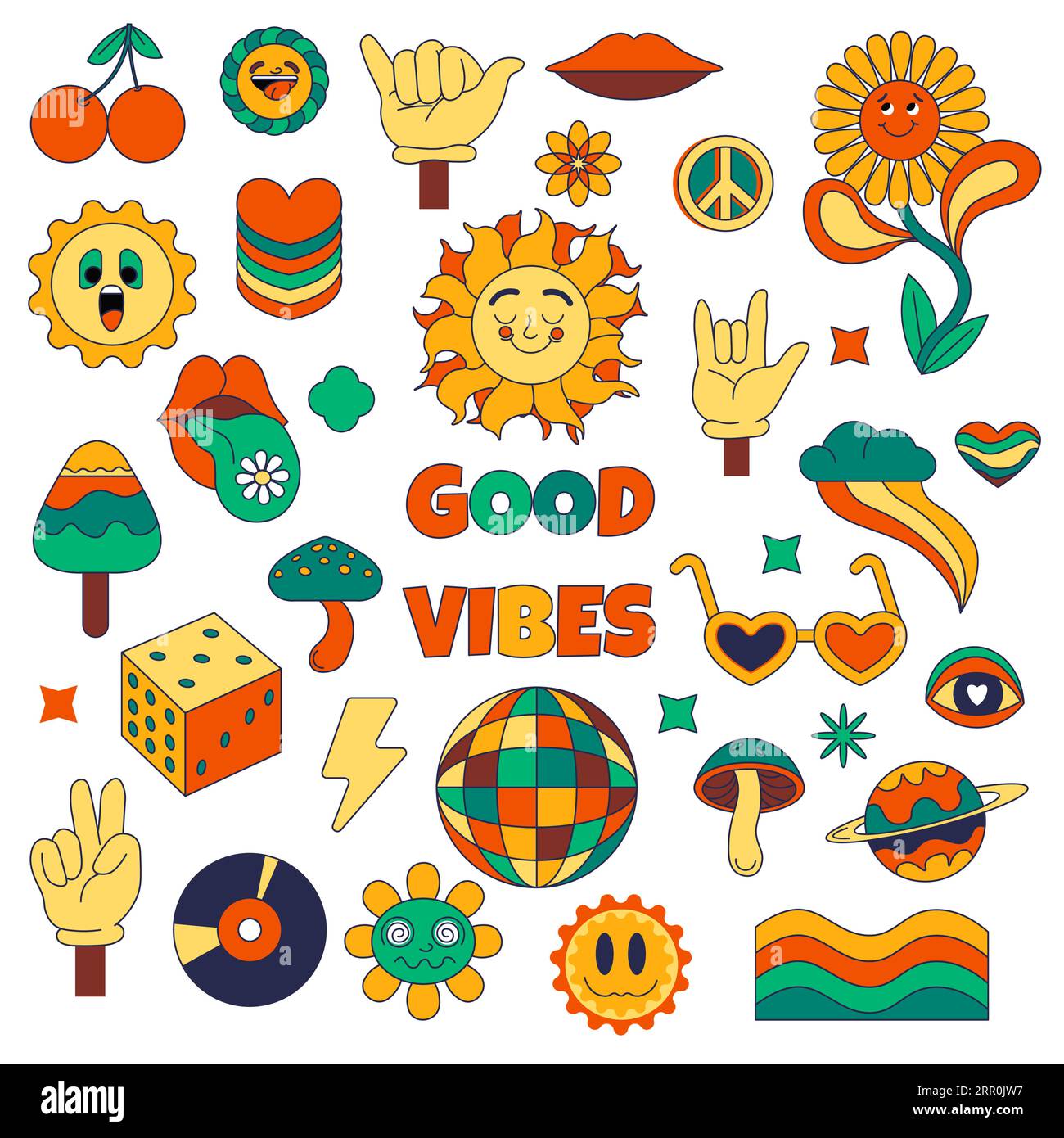 Adesivi e emoticon hippie, solo buone vibrazioni Illustrazione Vettoriale