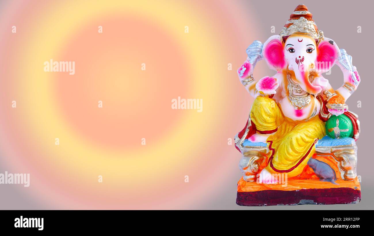 Lord Ganesha Idol con petali di rosa, fiori bianchi e foglie su sfondo colorato, Ganesh pooja Foto Stock