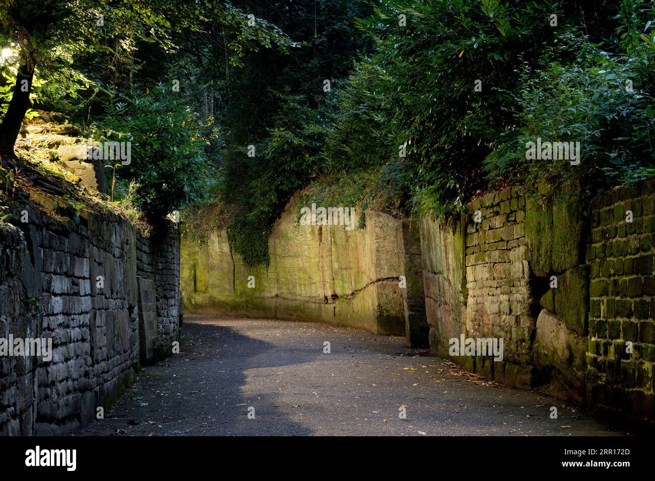 L'approccio al castello di Warwick dalle porte del castello, Warwickshire, Inghilterra, Regno Unito Foto Stock