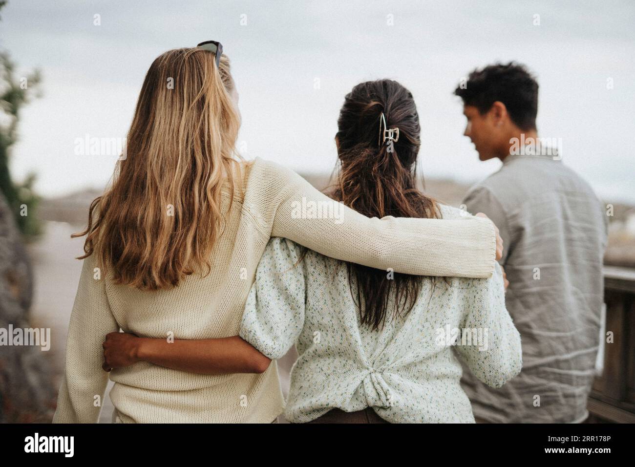 Vista posteriore delle amiche che camminano con le braccia intorno Foto Stock