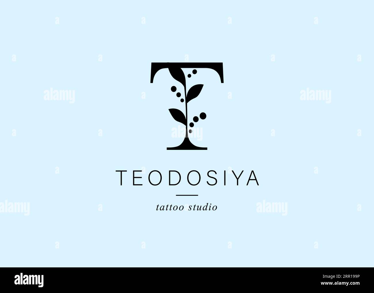 Logo, lettera maiuscola T. monogramma di botanica minimalista, iniziale. Con elementi vegetali organici. Progettazione vettoriale. per lo studio dei tatuaggi Illustrazione Vettoriale