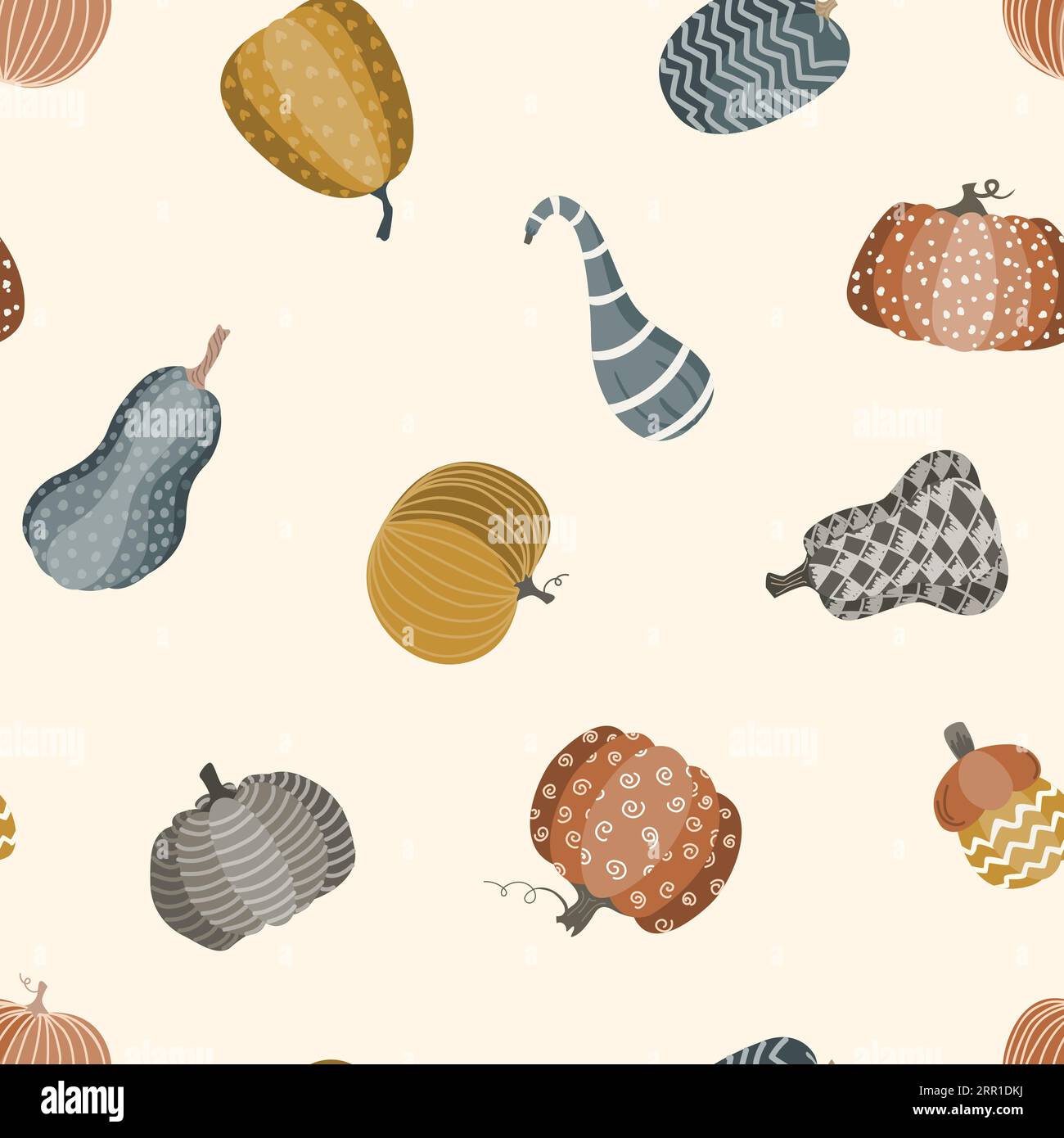 Motivo autunnale senza cuciture con zucche disegnate a mano. Sfondo vettore. Illustrazione Vettoriale