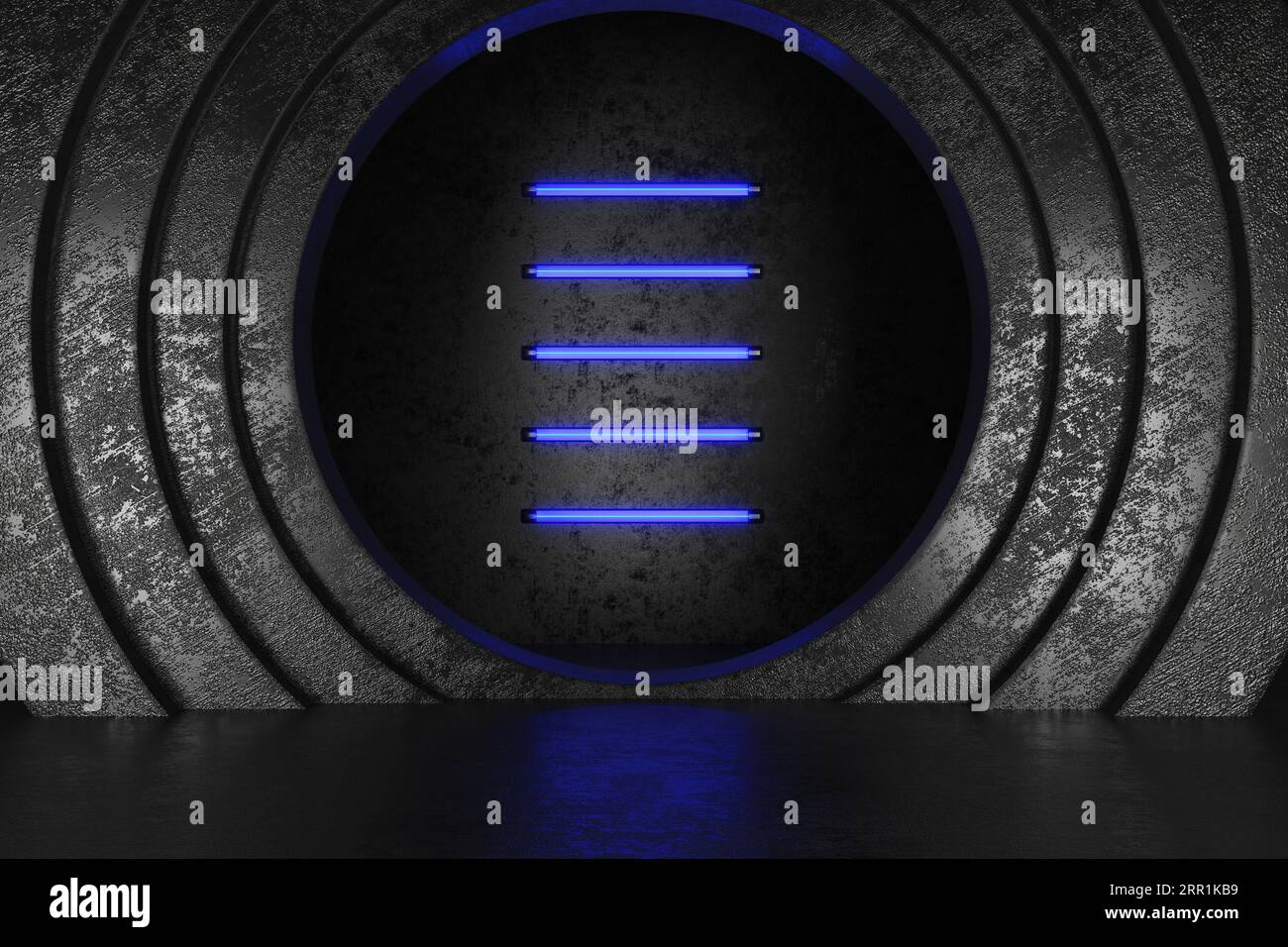 Luci al neon sfondo astratto linee luminose Tunnel Virtual reality Arch laser show. rendering 3d. Foto Stock