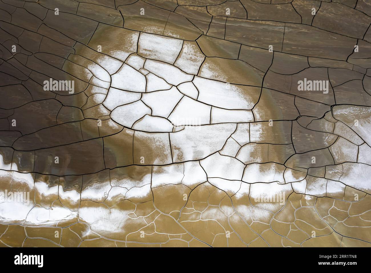 Vista dall'alto dello sfondo astratto con dipinti di colore bianco e marrone incrinati in molti pezzi Foto Stock