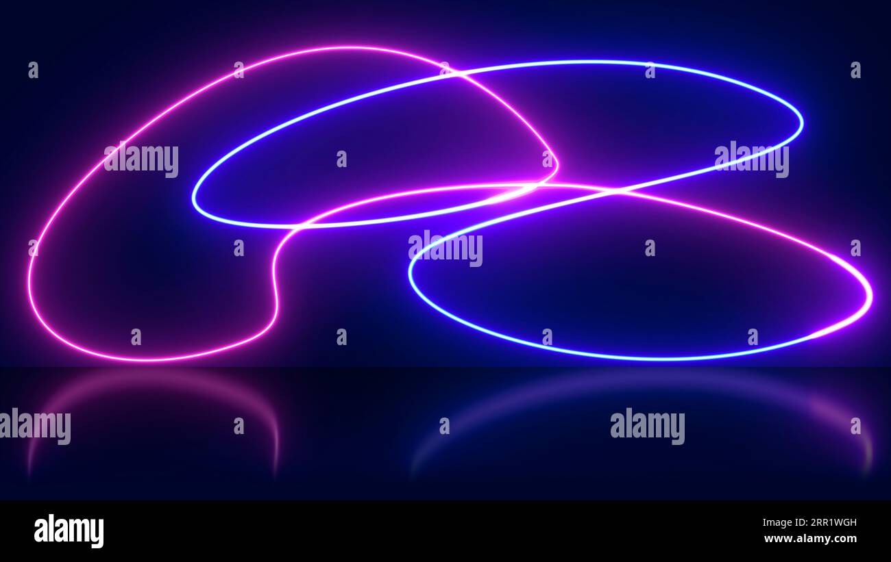 Sfondo astratto di luci al neon brillanti di colore rosa bianco su linee a forma di alfa su palcoscenico riflettente lucido Foto Stock