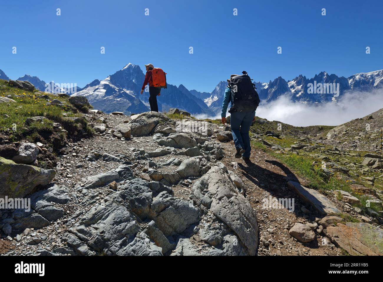 CHAMONIX, FRANCIA, 8 luglio 2022 : un gruppo di escursionisti sui sentieri di montagna intorno al Monte Bianco. Il Monte Bianco attrae i viaggiatori come il punto più alto della Foto Stock