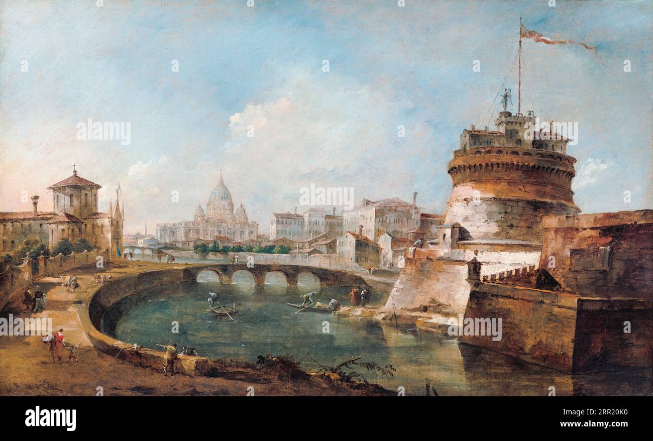 Francesco guardi, Fanciful veduta di Castel Sant'Angelo, Roma, paesaggio dipinto ad olio su tela, circa 1785 Foto Stock