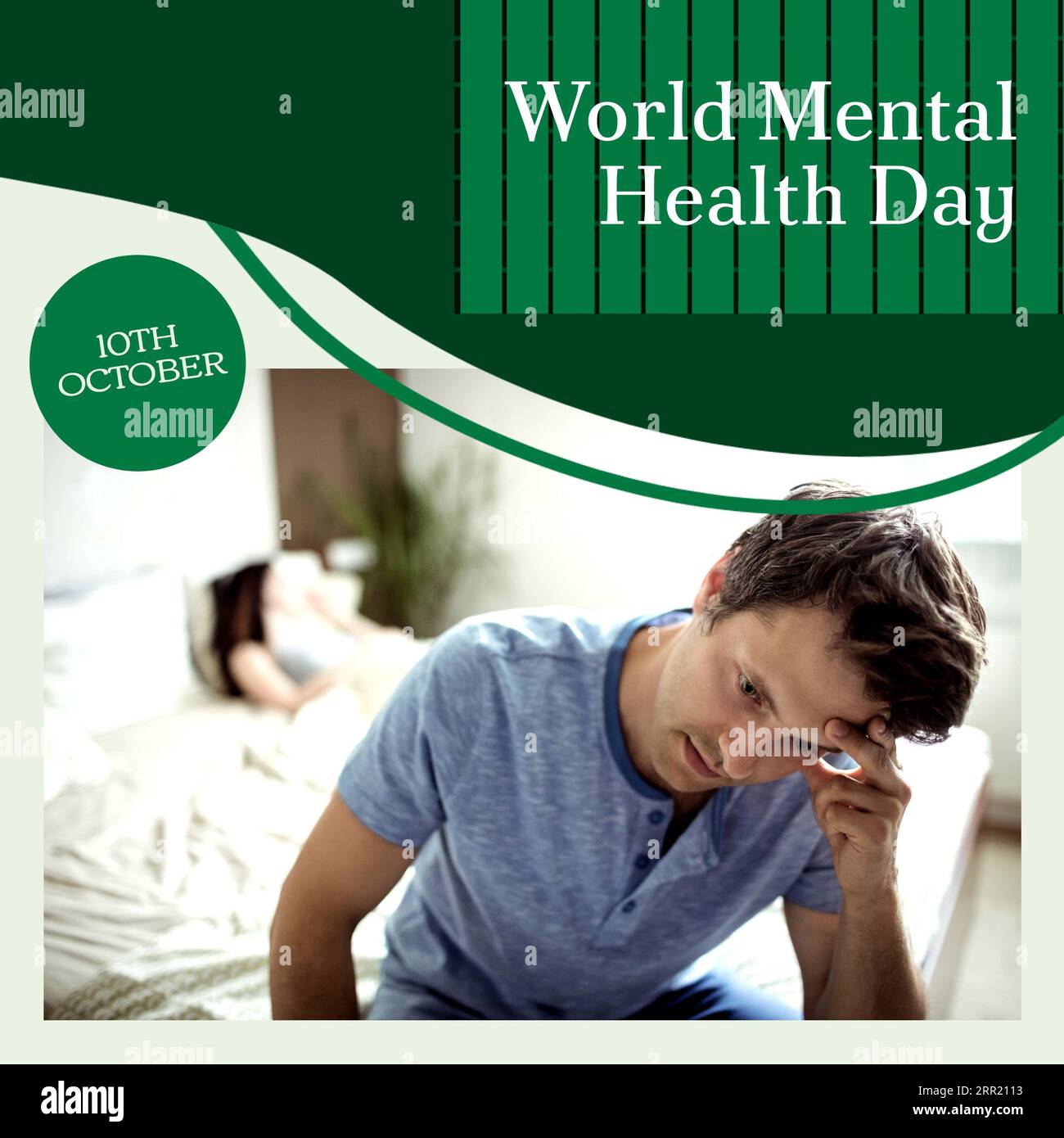 Composito di testo giornata mondiale di salute mentale sopra uomo caucasico triste Foto Stock