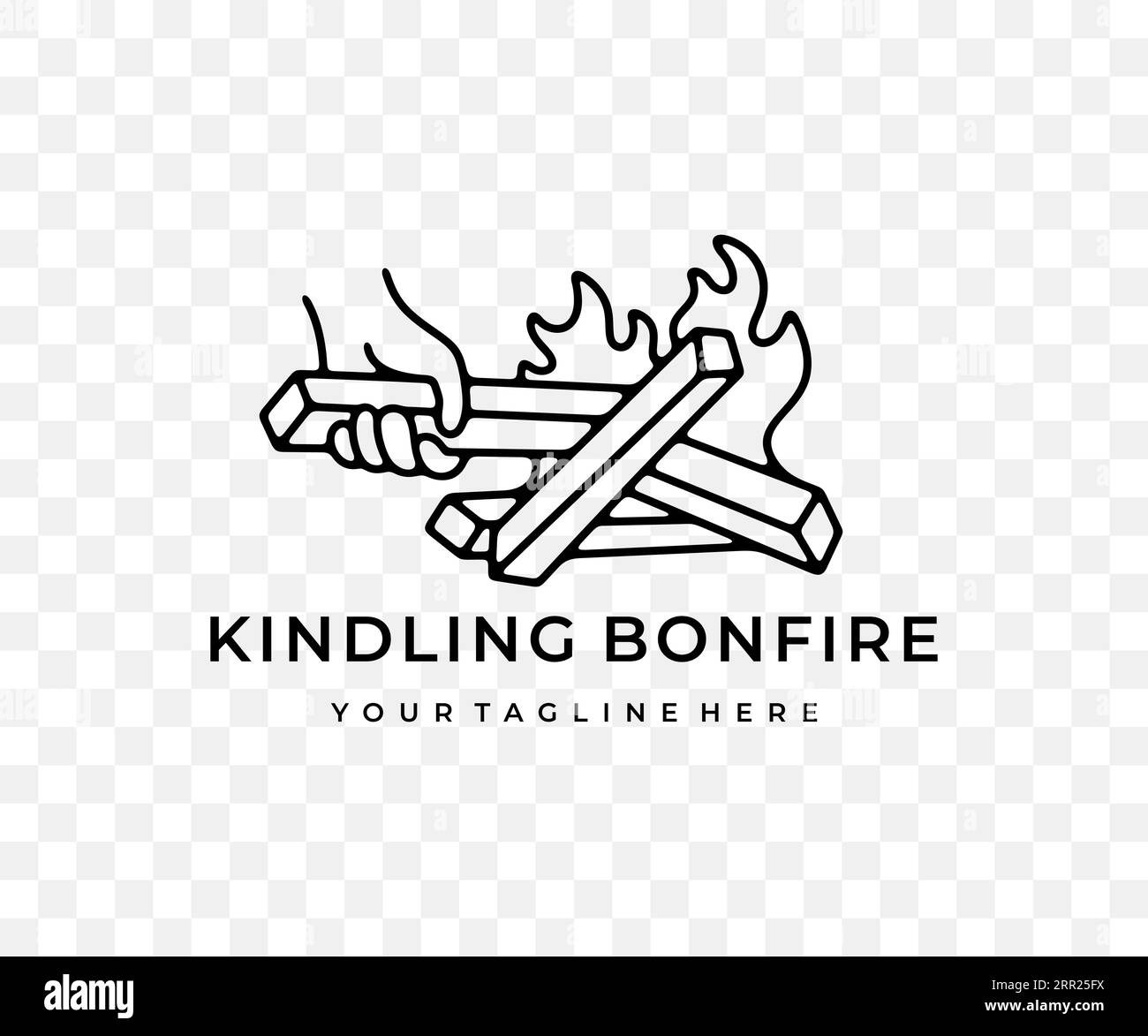 L'uomo accende un falò, un balefire, fuoco e fiamme, un design grafico lineare. Sopravvivenza, fuoco, fuoco, fuoco, campo e campeggio, design vettoriale Illustrazione Vettoriale