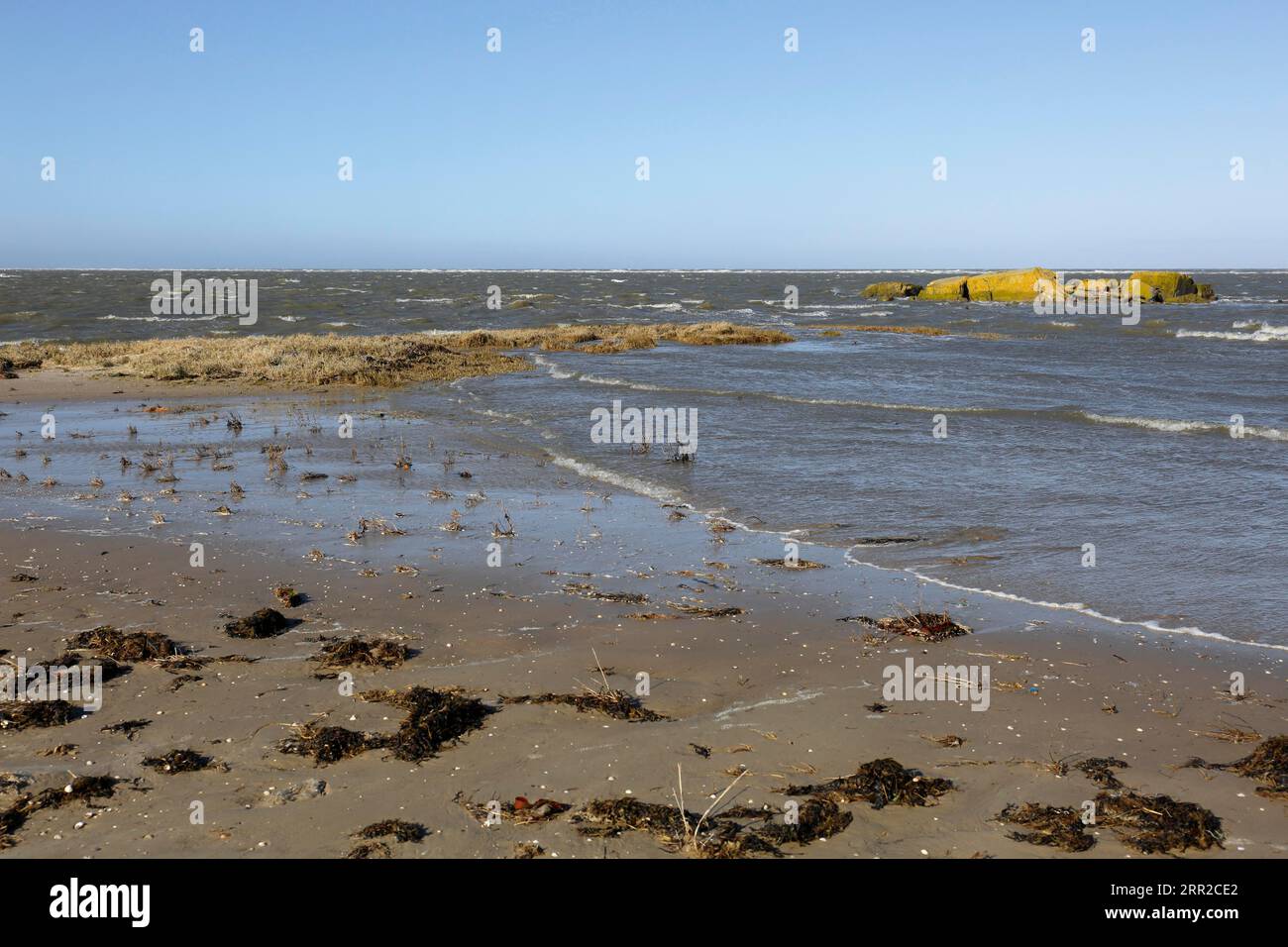 Resti di un bunker della seconda guerra mondiale sull'isola di Minsener Oog, bassa Sassonia Wadden Sea National Park, bassa Sassonia, Germania Foto Stock