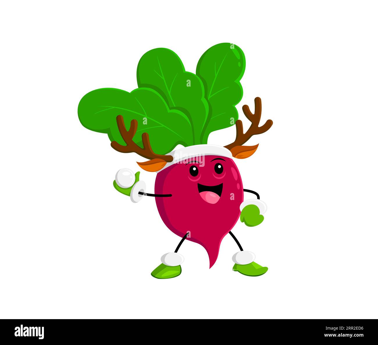 Personaggio vegetale con corna di cervo e cartoni animati. Buon saluto natalizio, festa invernale o Capodanno, simpatico personaggio vettoriale isolato con verdure. Personaggio divertente vegetariano natalizio Illustrazione Vettoriale