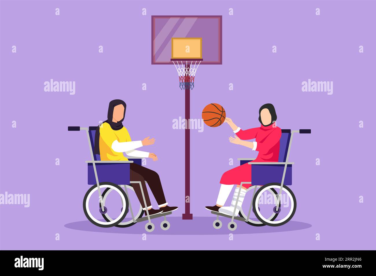 Disegno grafico piatto che disegna gioiosa giovane donna araba disabile in sedia a rotelle che gioca a basket. Sport adattativi per disabili. Responsi sociali Foto Stock