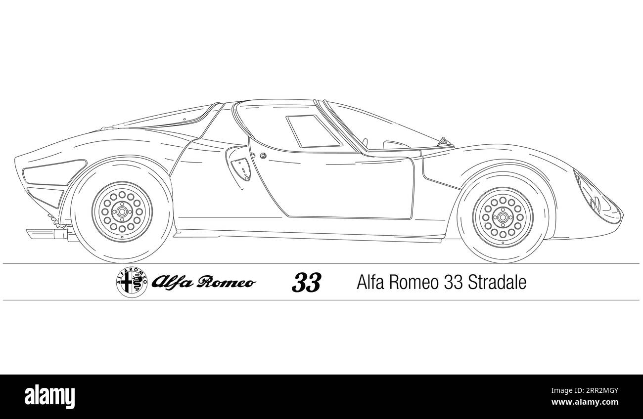Italia, anno 1967, Alfa Romeo 33 stradale auto sportiva d'epoca, silhouette su sfondo bianco, illustrazione Foto Stock