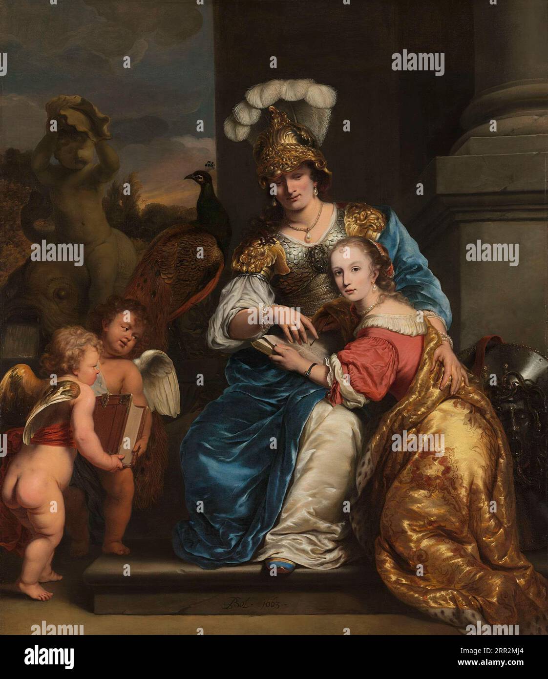 Ferdinand Bol (1616–1680) Allegoria sull'educazione. Margarita Trip interpreta Minerva, istruendo sua sorella Anna Maria Trip. A sinistra due putti portano un grande libro. A destra lo scudo di Minerva. Foto Stock