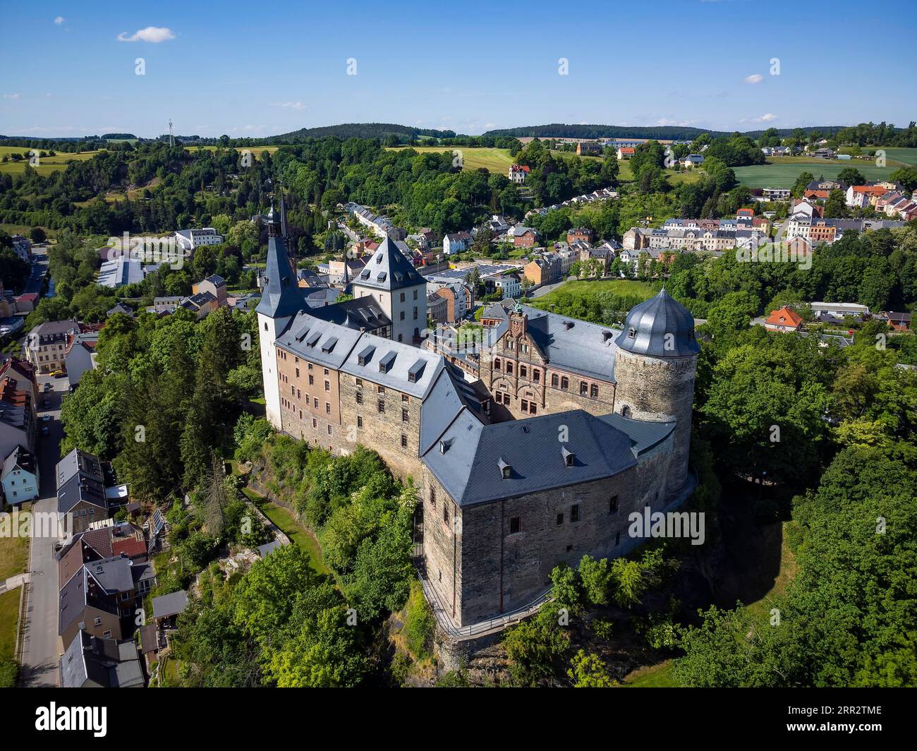Il castello di Mylau è un castello fortificato su uno sperone roccioso a Mylau, nella regione del Vogtland, in Sassonia. E' uno dei castelli medievali meglio conservati di Foto Stock
