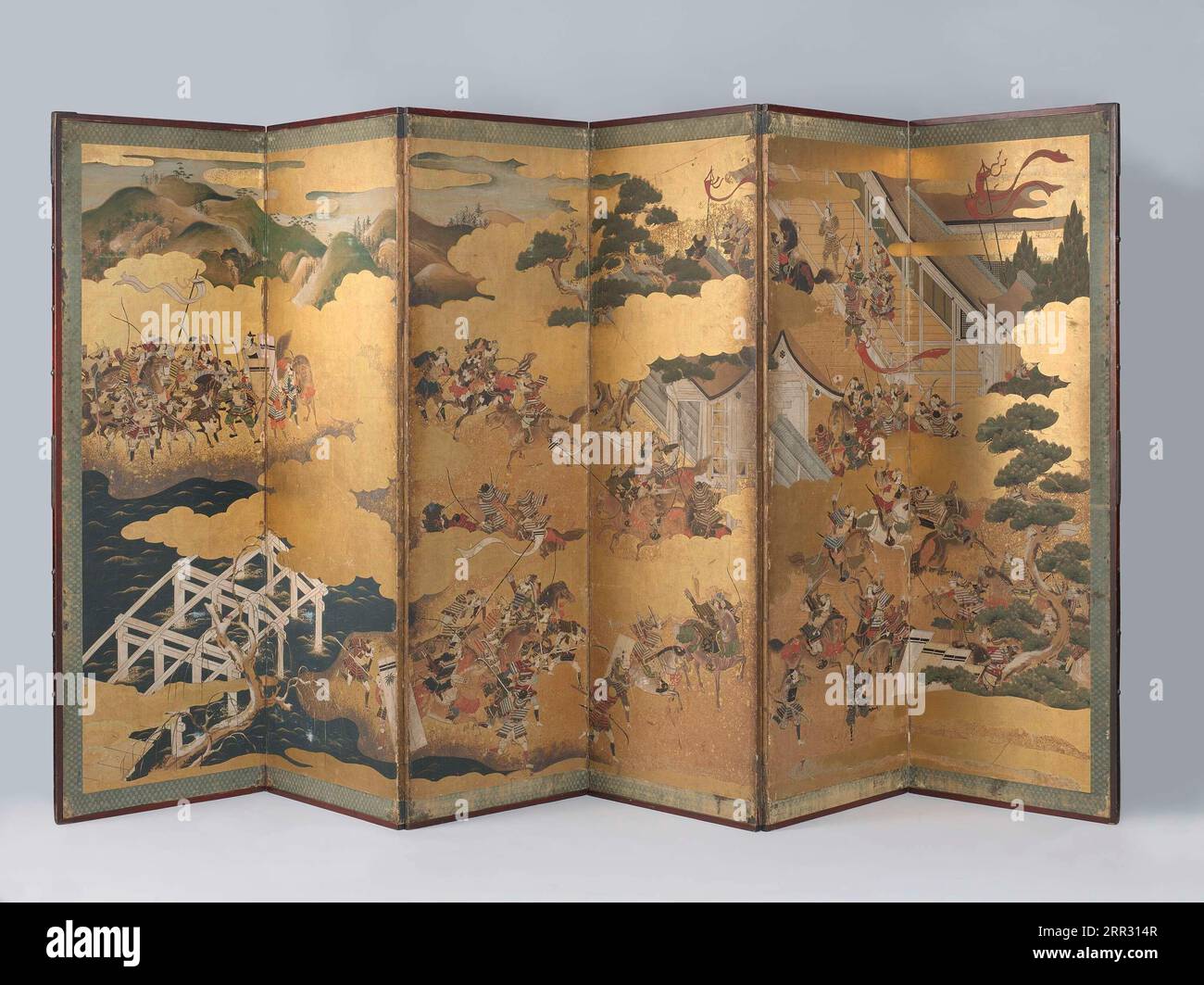 Schermo pieghevole, sei parti, episodio della guerra Heiji., Giappone, 1675 - 1725, inchiostro, colorante, oro (metallo), carta, Foto Stock