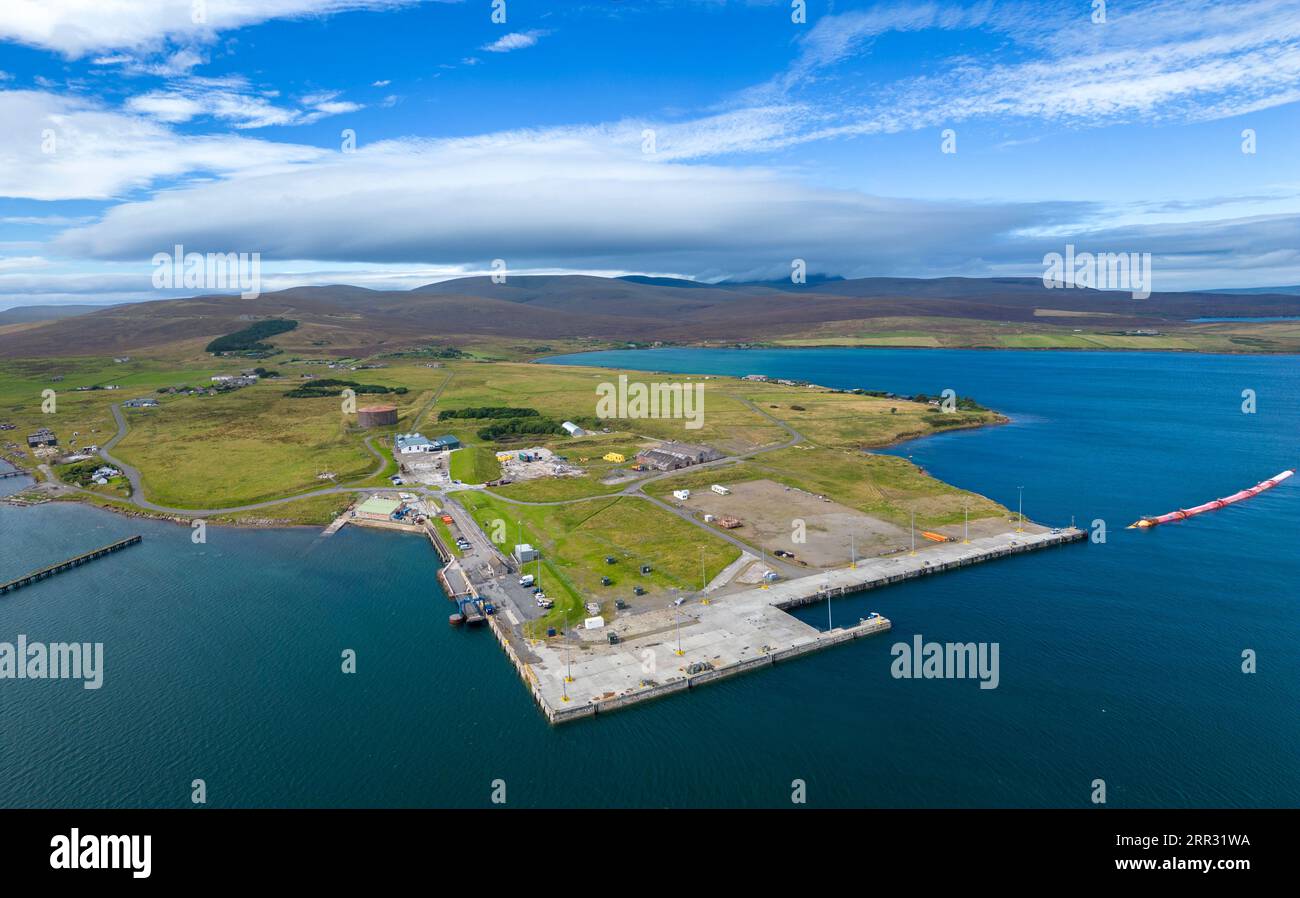 Vista aerea di Lyness su Hoy , Isole Orcadi, Scozia, Regno Unito Foto Stock