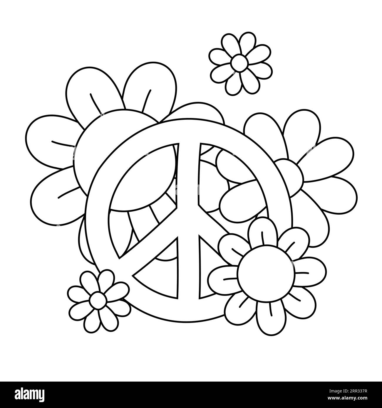 Il retro-groovy vettoriale delinea pace e fiori Illustrazione Vettoriale