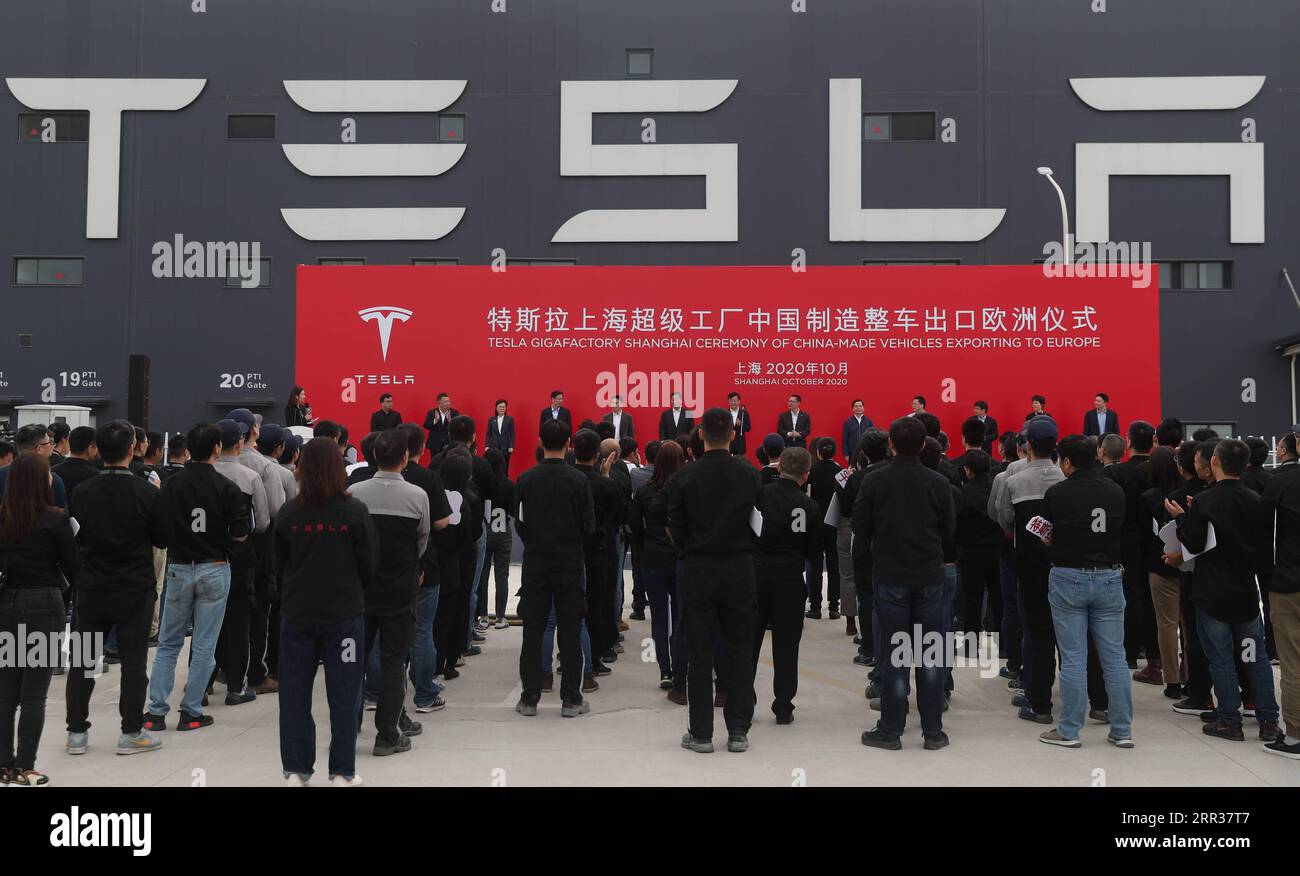 201026 -- SHANGHAI, 26 ottobre 2020 -- Una cerimonia di esportazione dei veicoli Tesla Model 3 prodotti in Cina in Europa si tiene presso la sua gigafactory a Shanghai, Cina orientale, 26 ottobre 2020. Lunedì, l'azienda automobilistica statunitense Tesla ha annunciato che martedì esporterà in Europa 7.000 veicoli della Model 3 Made in China. La partita di berline dovrebbe arrivare via mare al porto di Zeebrugge in Belgio alla fine di novembre, prima di essere venduta in paesi europei tra cui Germania, Francia, Italia, Spagna, Portogallo e Svizzera. Tesla ha consegnato al pubblico il primo lotto di berline Model 3 Made in China prima di questo YE Foto Stock