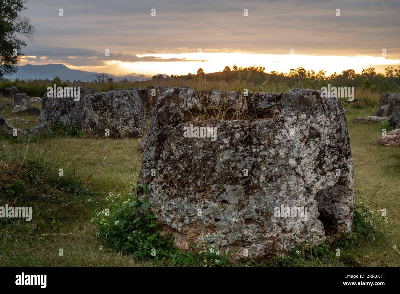 201106 -- VIENTIANE, 6 novembre 2020 -- foto scattata il 3 novembre 2020 mostra la vista al tramonto della piana dei vasi, un paesaggio archeologico megalitico nella provincia di Xieng Khuang, Laos. La Plain of Jars, formalmente chiamata Megalithic Jar Sites, è stata ufficialmente iscritta nella Lista del Patrimonio Mondiale dell'Umanità in una riunione del Comitato del Patrimonio Mondiale tenutasi a Baku, in Azerbaigian, il 10 luglio 2019. La Plain of Jars prende il nome dagli oltre 2.100 vasetti di pietra megalitica a forma tubolare che si ritiene siano stati utilizzati per le pratiche funerarie nell'età del ferro, secondo le Nazioni Unite Educational, Scientific Foto Stock