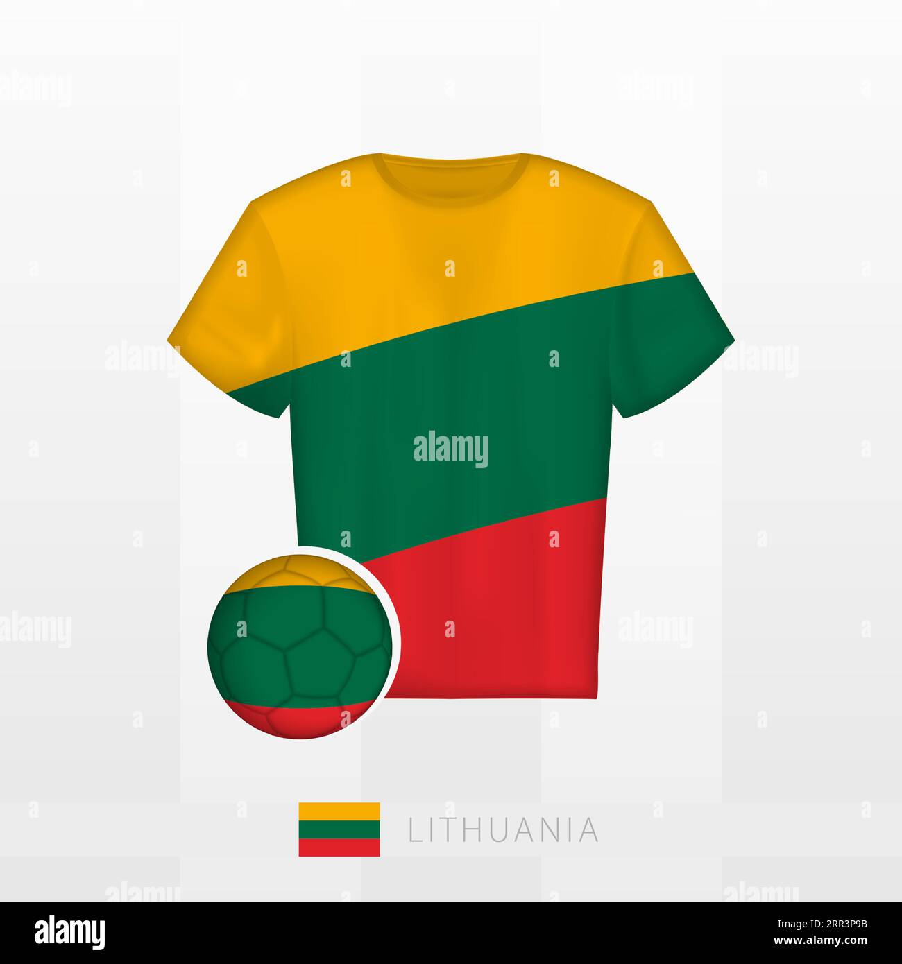 Uniforme da calcio della nazionale lituana con palla da calcio con bandiera lituana. Maglia da calcio e pallone da calcio con bandiera. Modello vettoriale. Illustrazione Vettoriale