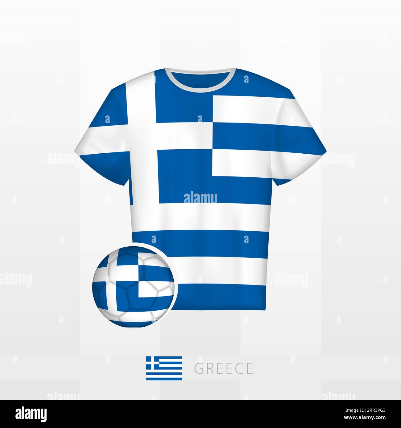 Uniforme da calcio della nazionale greca con pallone da calcio con bandiera greca. Maglia da calcio e pallone da calcio con bandiera. Modello vettoriale. Illustrazione Vettoriale