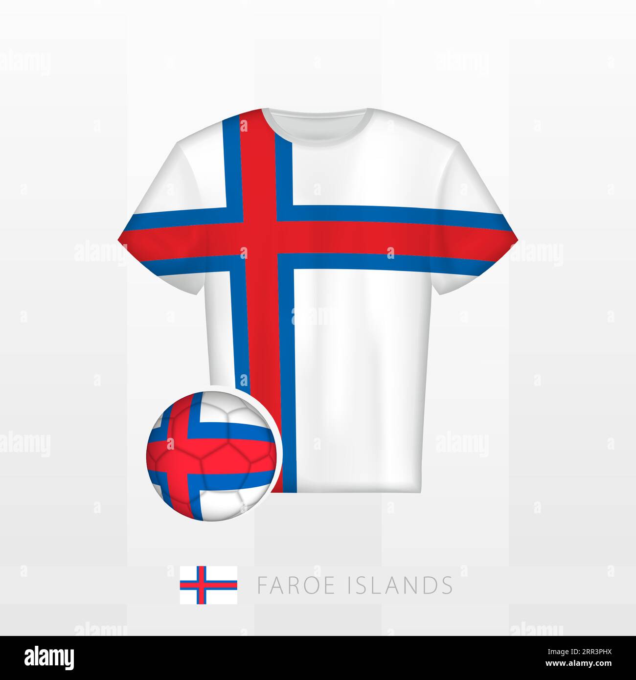 Uniforme da calcio della nazionale delle Isole Faroe con pallone da calcio  con bandiera delle Isole Faroe. Maglia da calcio e pallone da calcio con  bandiera. Temp. Vettoriale Immagine e Vettoriale -