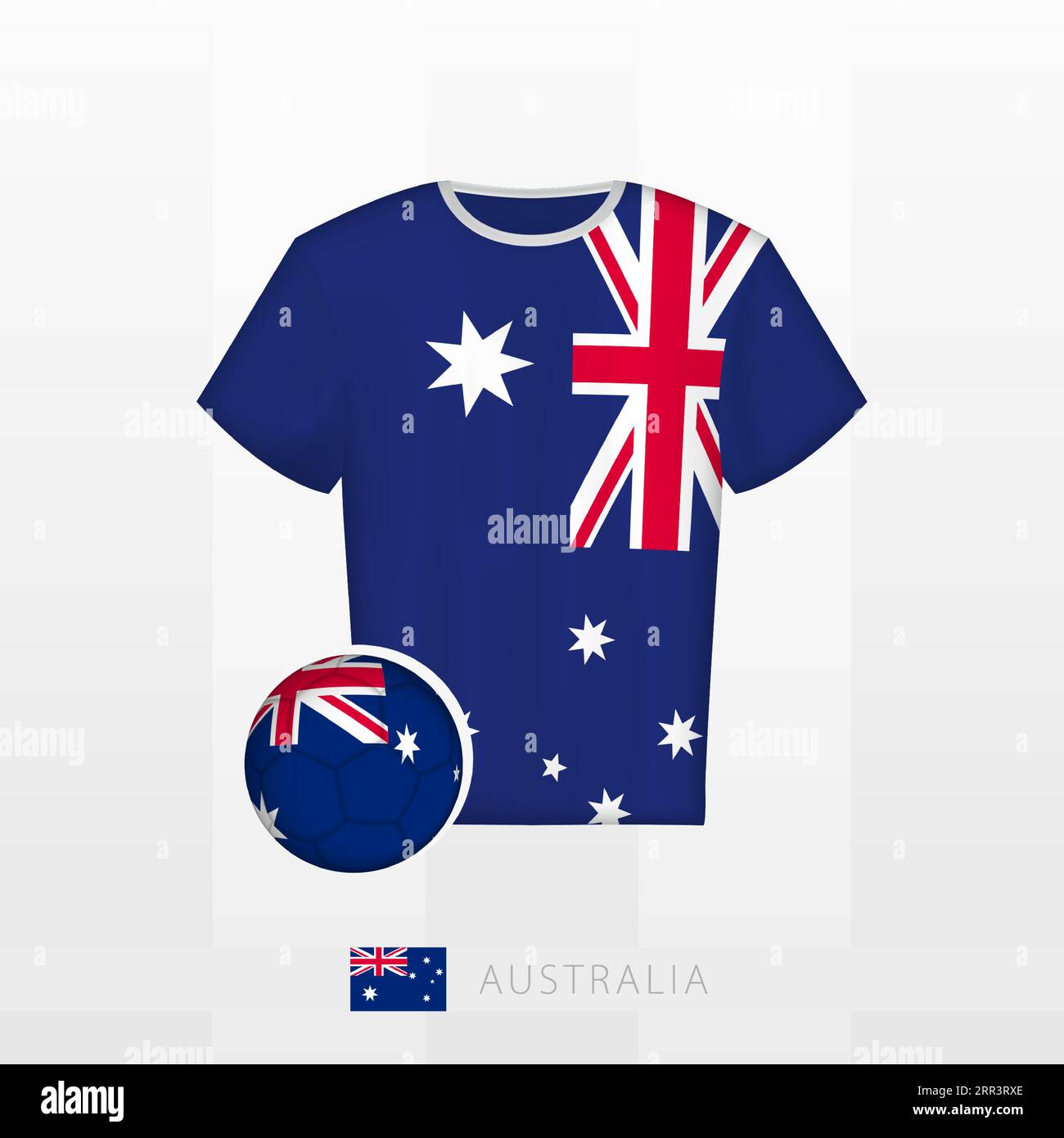 Uniforme da calcio della nazionale australiana con pallina da calcio con bandiera australiana. Maglia da calcio e pallone da calcio con bandiera. Modello vettoriale. Illustrazione Vettoriale