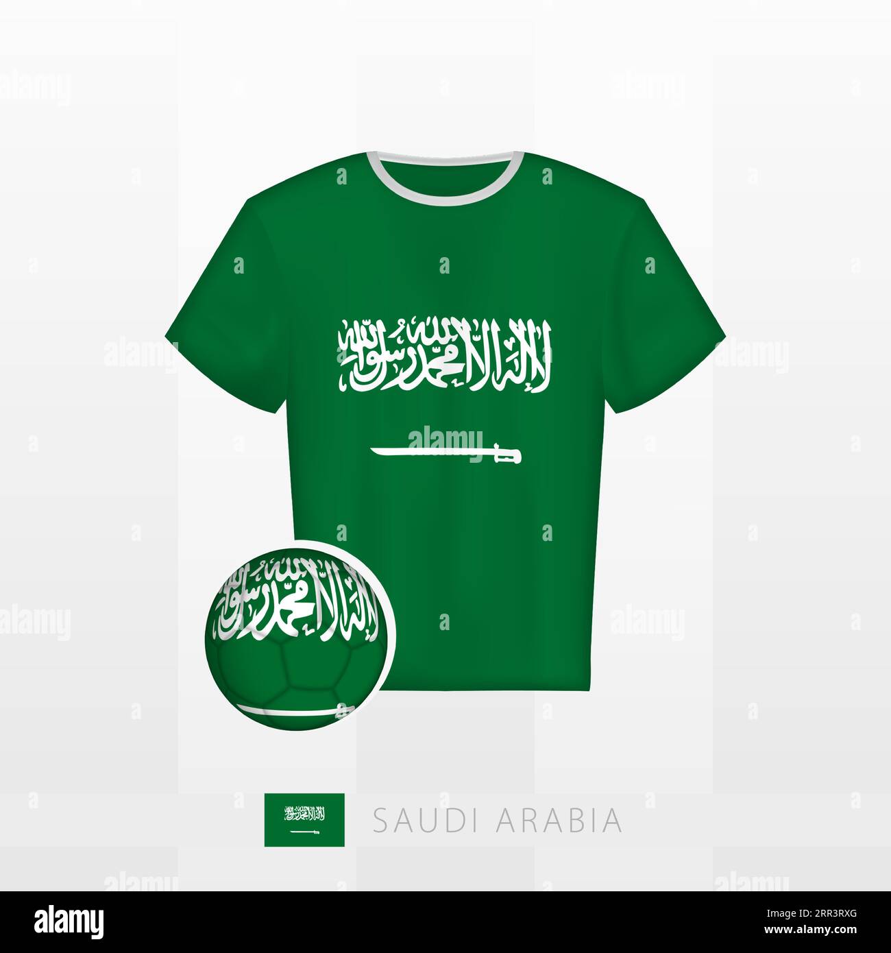 Uniforme da calcio della nazionale dell'Arabia Saudita con palla da calcio con bandiera dell'Arabia Saudita. Maglia da calcio e pallone da calcio con bandiera. Template vettoriale Illustrazione Vettoriale