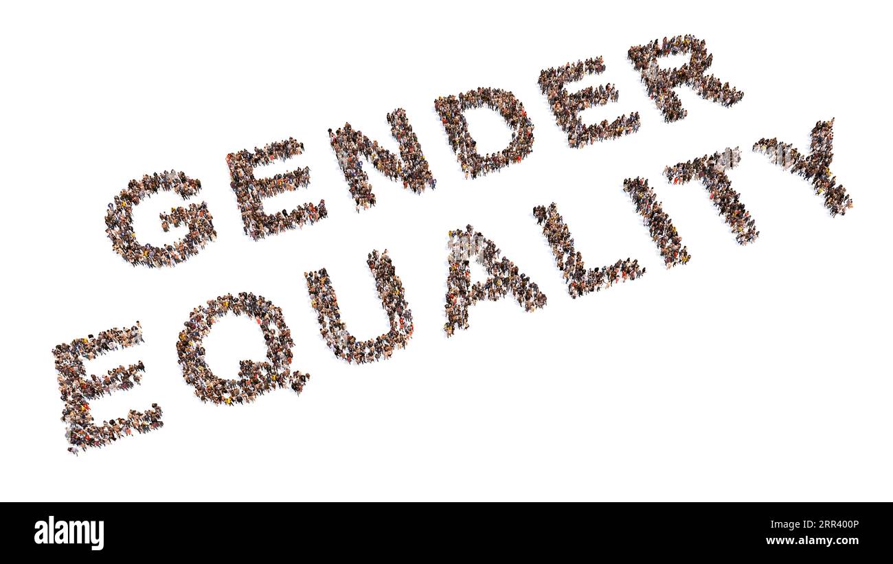 Concetto o comunità concettuale di persone che formano il messaggio DI UGUAGLIANZA DI GENERE. metafora dell'illustrazione 3d per le pari opportunità nell'istruzione Foto Stock