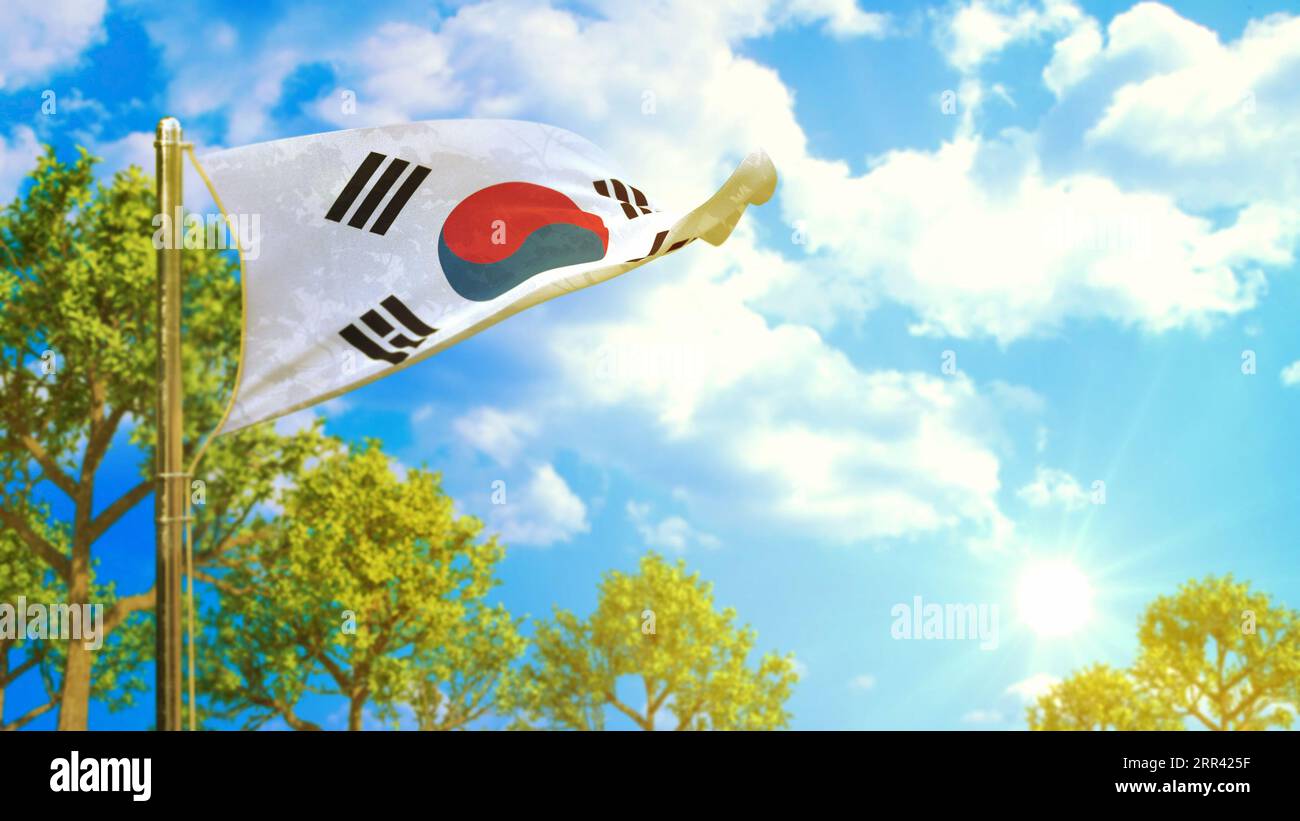 Bandiera della Repubblica di Corea (Corea del Sud) al giorno di sole, luce del sole e simbolo della felicità - illustrazione 3D della natura Foto Stock