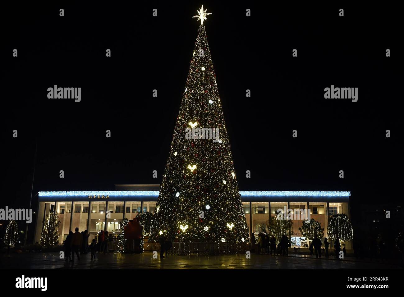 201125 -- TIRANA, 25 novembre 2020 -- foto scattata il 24 novembre 2020 mostra un albero di Natale illuminato in Piazza Skanderbeg a Tirana, Albania. ALBANIA-TIRANA-ILLUMINAZIONI CN ZhangxLiyun PUBLICATIONxNOTxINxCHN Foto Stock