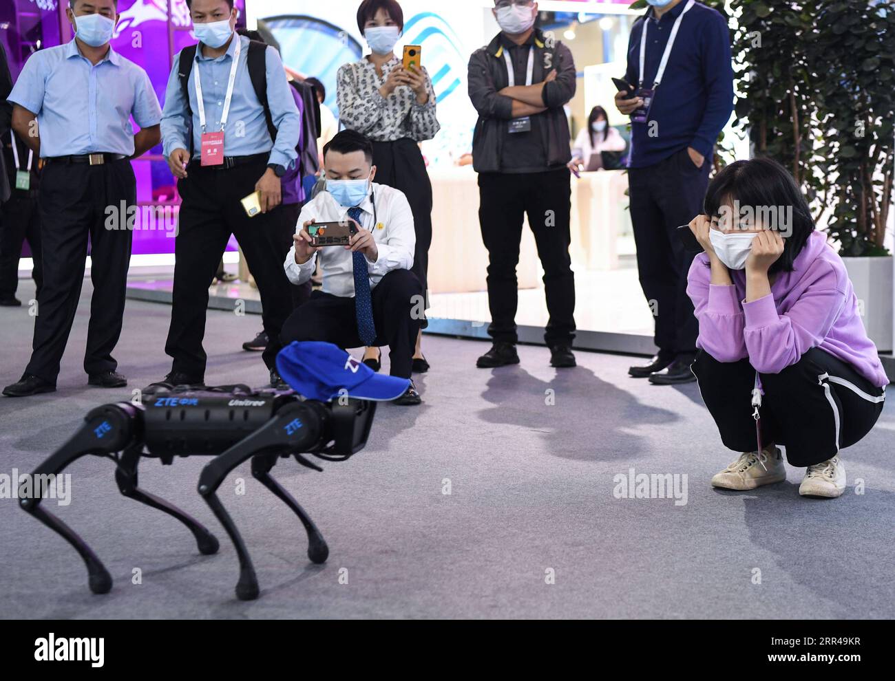 201126 -- GUANGZHOU, 26 novembre 2020 -- i visitatori guardano un cane robotico a una mostra a tema 5G che si tiene durante la World 5G Convention a Guangzhou, nella provincia del Guangdong della Cina meridionale, 26 novembre 2020. Giovedì a Guangzhou è iniziata la World 5G Convention 2020, durante la quale scienziati di fama mondiale, fornitori di servizi 5G e utilizzatori di applicazioni 5G si scambieranno idee su aspetti delle tecnologie all'avanguardia, tendenze di sviluppo industriale e applicazioni innovative nell'industria 5G. CHINA-GUANGZHOU-WORLD 5G CONVENTION-OPENING CN DENGXHUA PUBLICATIONXNOTXINXCHN Foto Stock