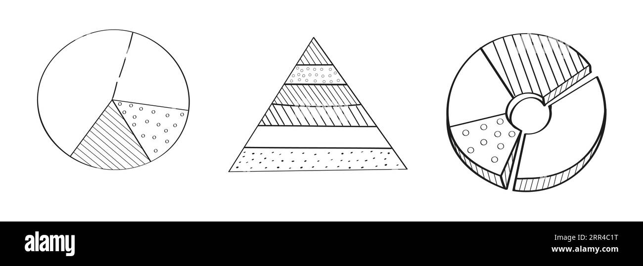 Grafico, grafico a piramide, set vettoriale in stile doodle. Approssimazione, statistiche, grafico finanziario. Illustrazione Vettoriale